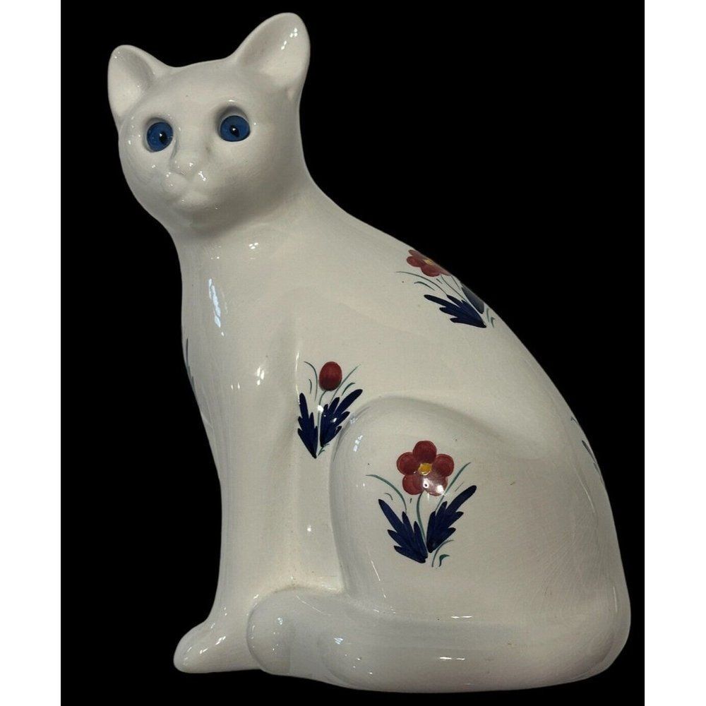 VTG Tall Ceramic Cat Floral Blue Eyes ELPA Alcobaca Portugal 10.5” CRAZING
